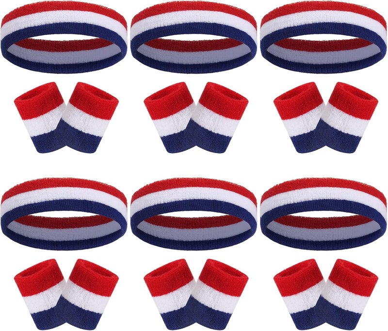 Ultrafun 18 Pcs Sweatbands Headband Wristband Set Colorful Striped Terry Cloth Sports Athletic Gym 80s Sweat Headbands - Image 1
